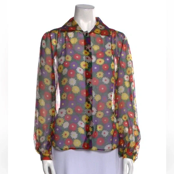 Saint Laurent Floral Silk Sheer Blouse button down colorful - Picture 2 of 3